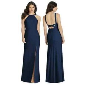 NWOT! Vivian Diamond Dessy Midnight Blue Cutaway Shoulder Column Gown - Size 0